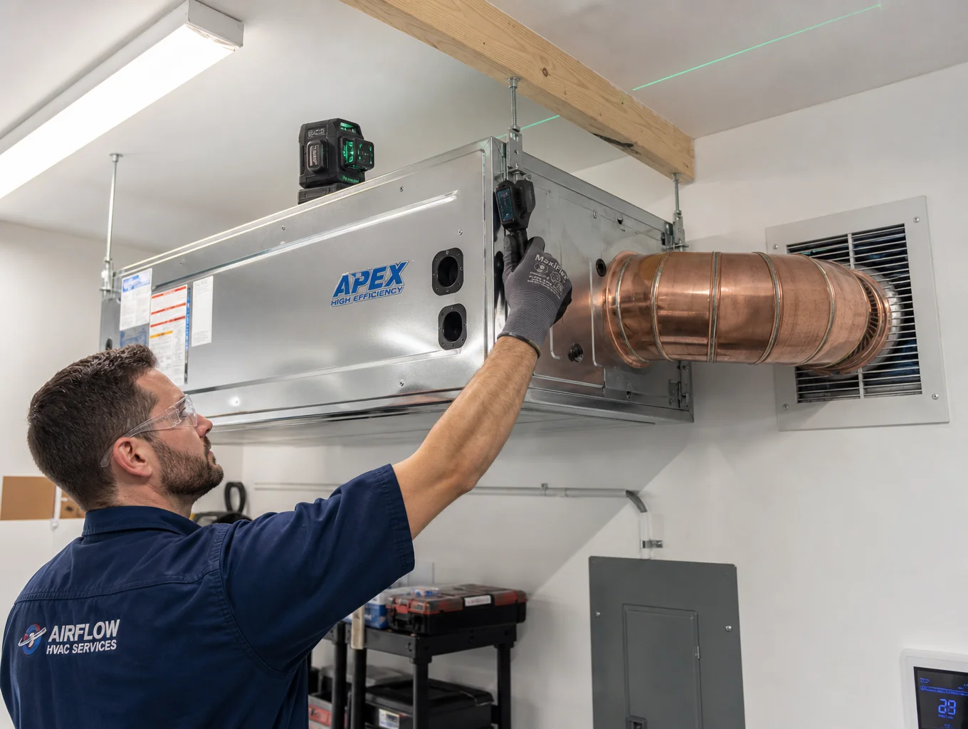 Professional HVAC technician installing a modern air conditioning unit