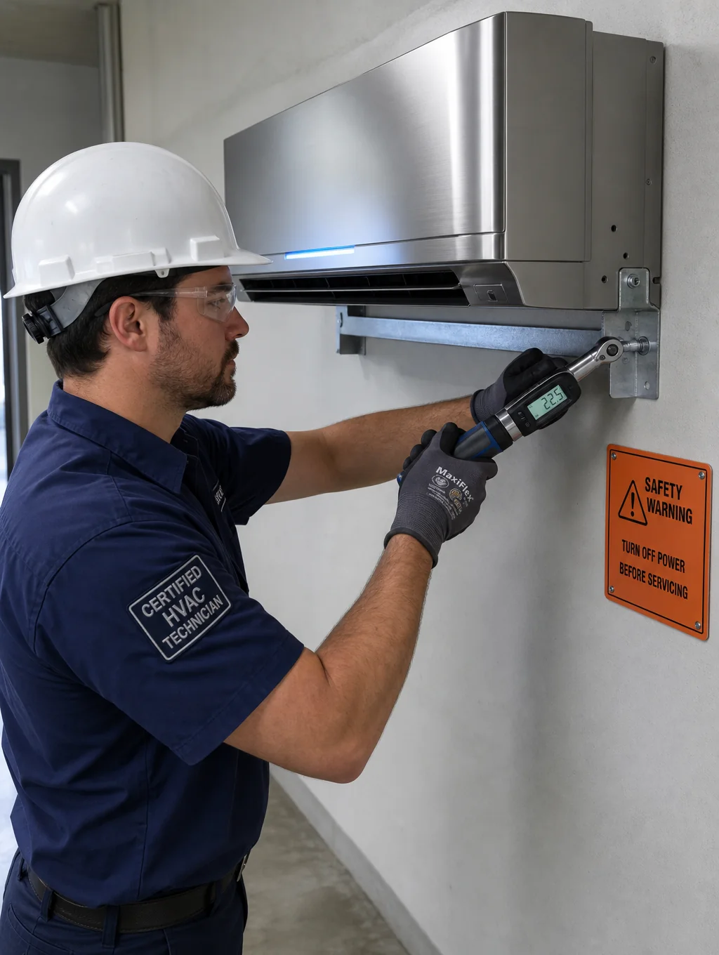 Technician performing a precision installation of a modern air conditioning unit