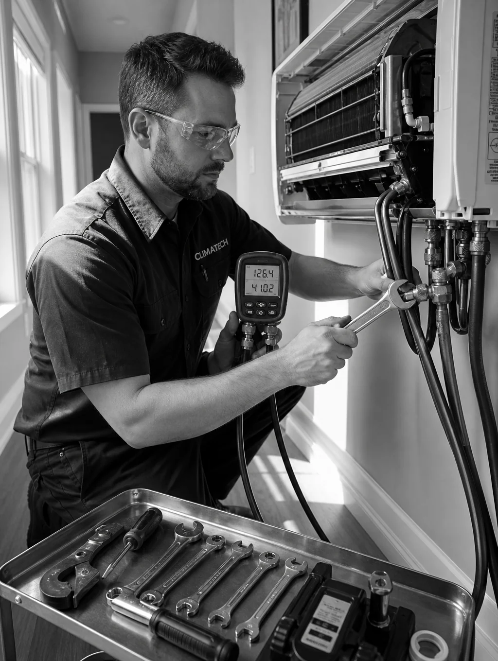 Professional technician installing a high-efficiency air conditioning unit