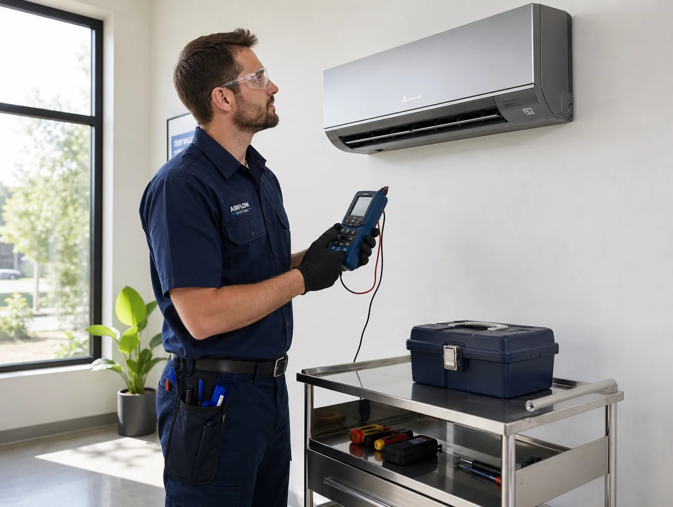 Technician performing thermal load analysis on a residential property