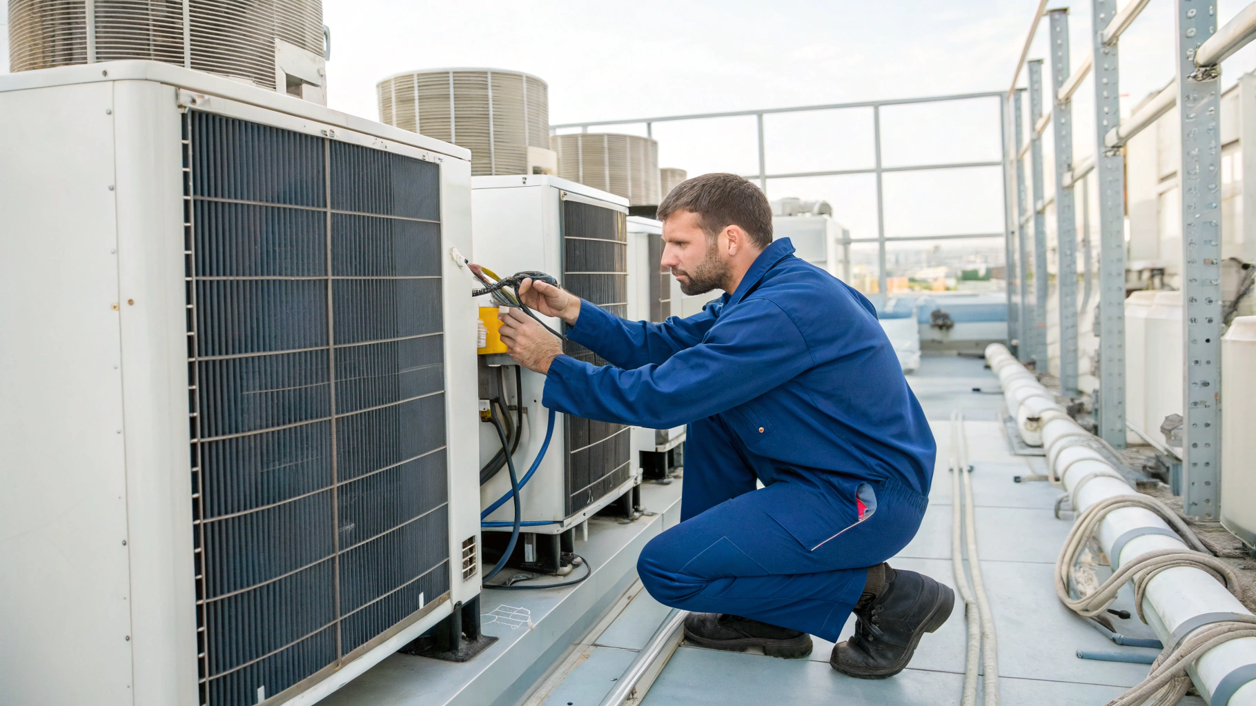 HVAC technician performing a detailed inspection on a modern air conditioning unit