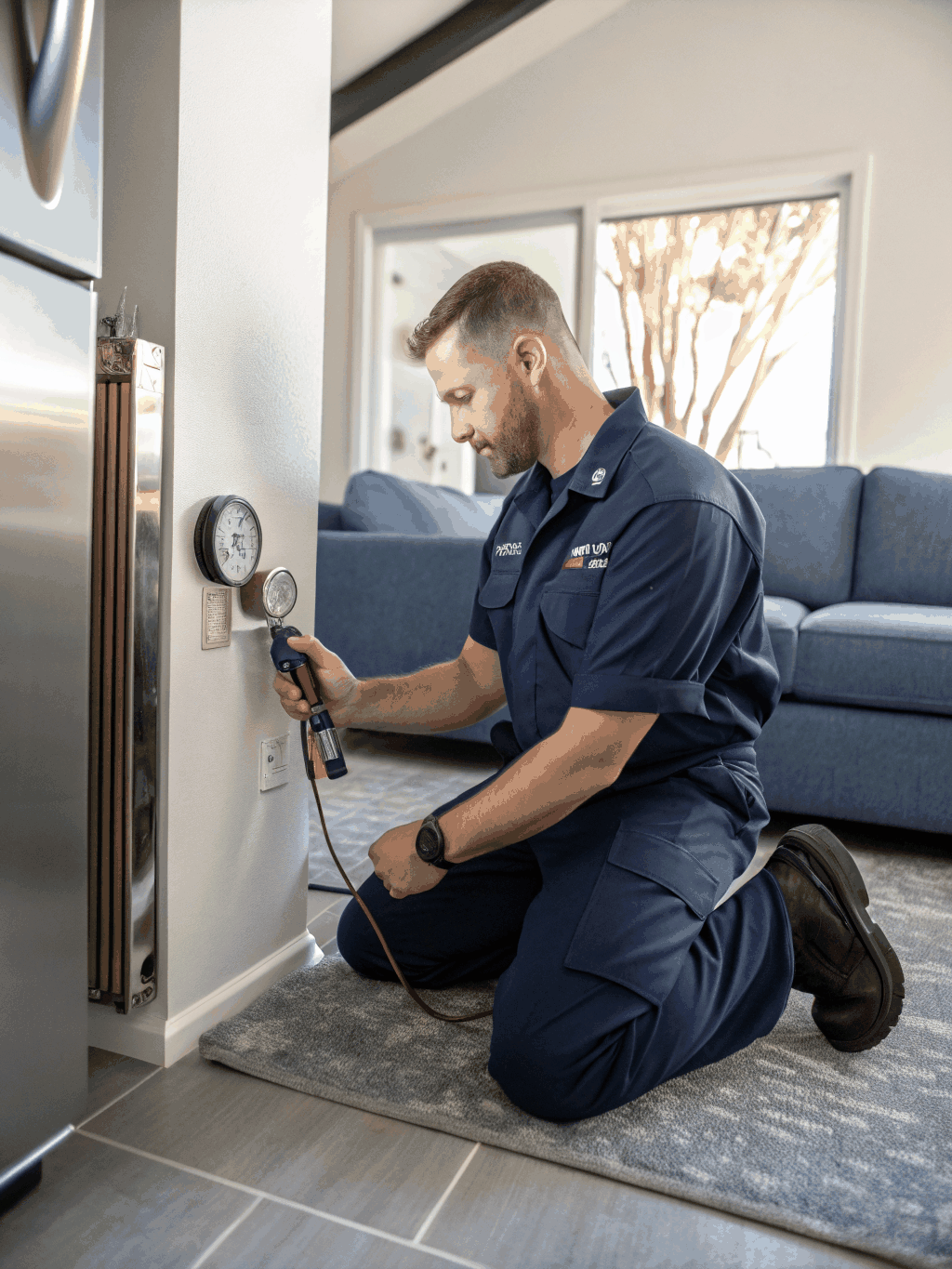 Professional HVAC technician inspecting a modern air conditioning unit