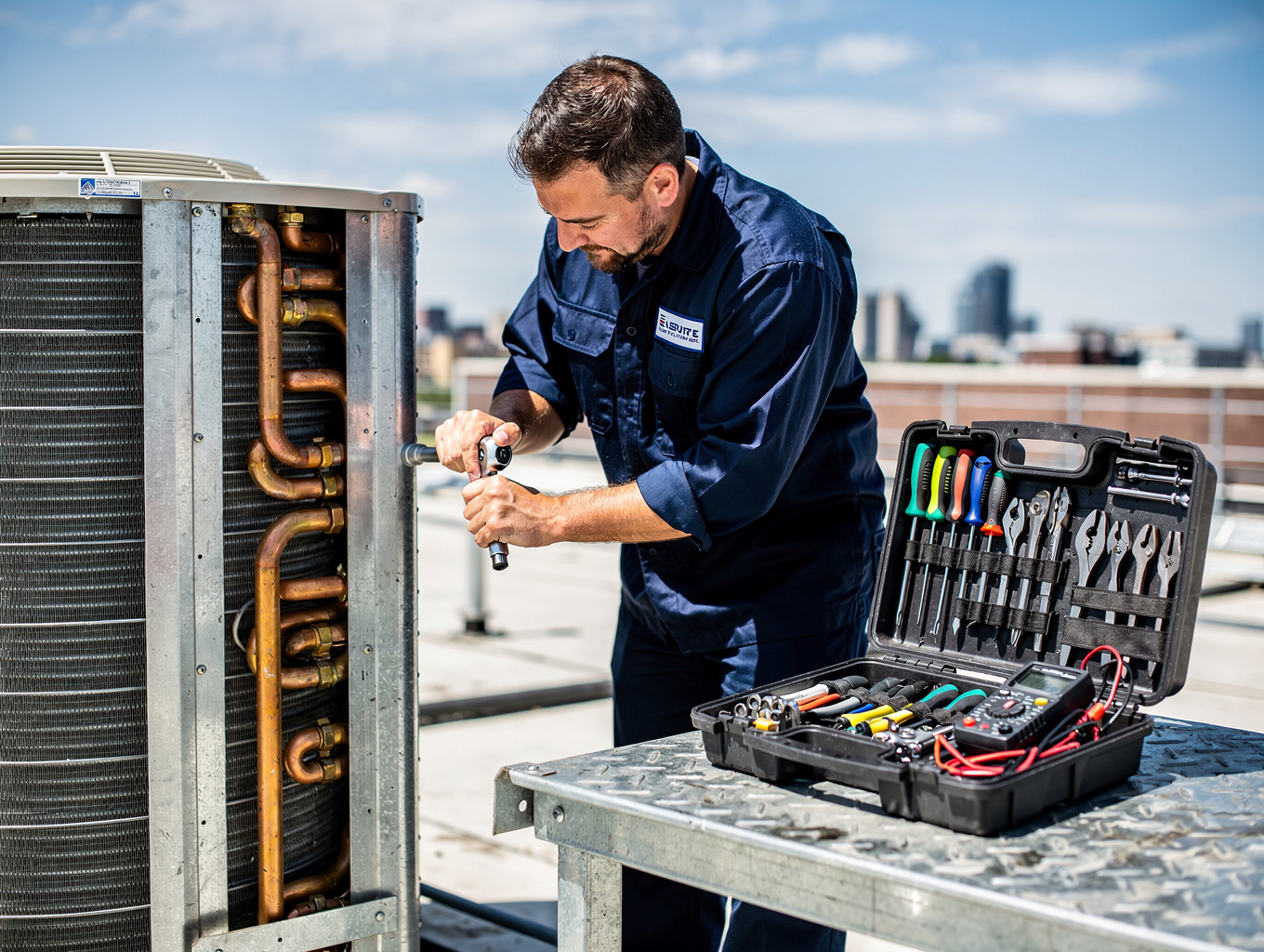 Person fixing an outdoor air conditioner